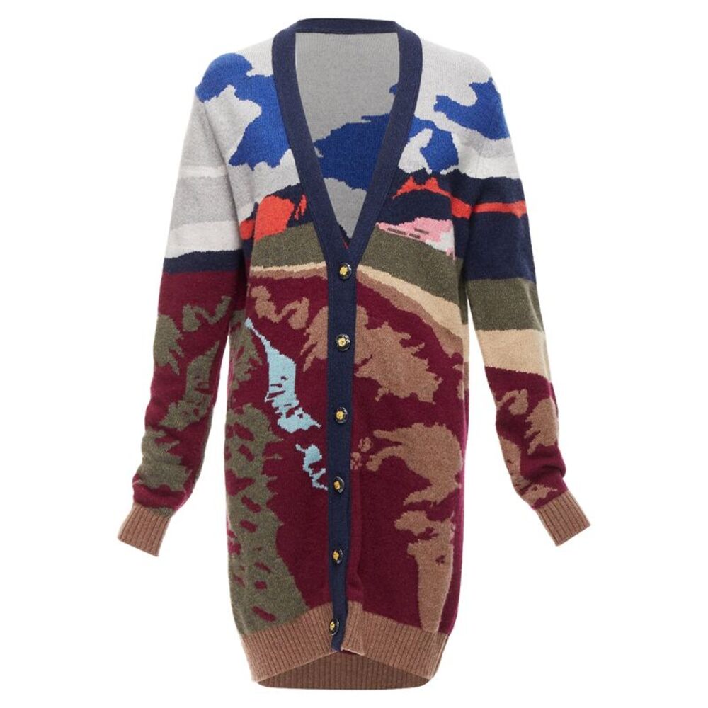 Barrie Cashmere Colorful Landscape Intarsia Deep V Long Cardigan